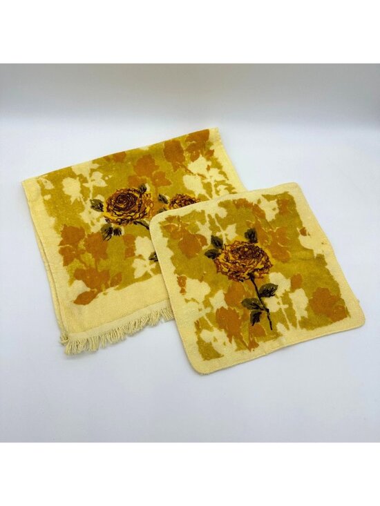 CANNON Other - Vintage Yellow Rose Hand Towel Washcloth Set Cannon USA Cotton 70s Fringe Floral